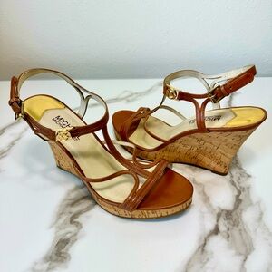 Michael Kors Cisely Brown Tan Leather Straps Cork Women’s Platform Wedges, 8-8.5